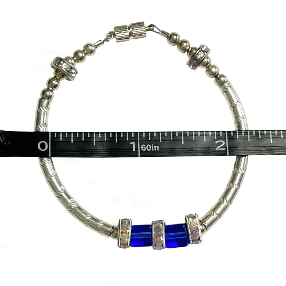 Vintage Bracelet Silver Tone Curved Metal Tube Bead Blue Square Aurora Borealis
